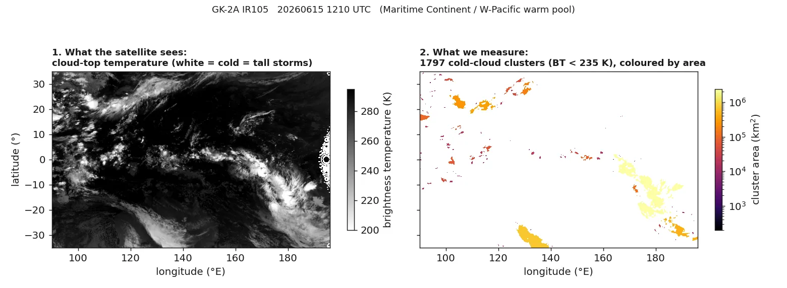 Left, cloud-top temperature with cold tall storms in white. Right, the same scene with every detected cold cluster coloured by its area.